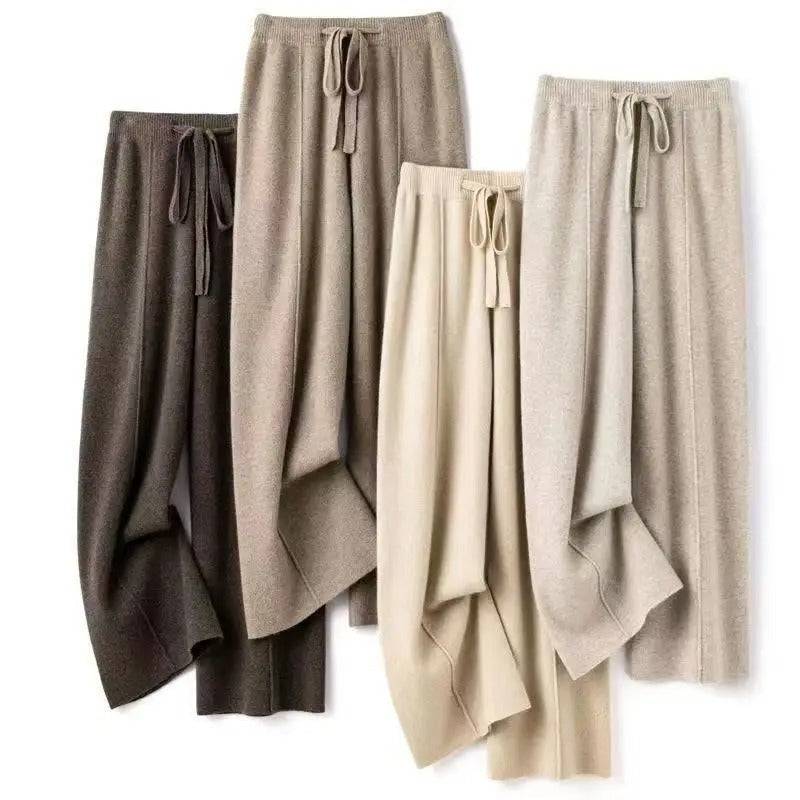 Women's Wool Cashmere Blend Wide-Leg Trousers With Elastic Waist