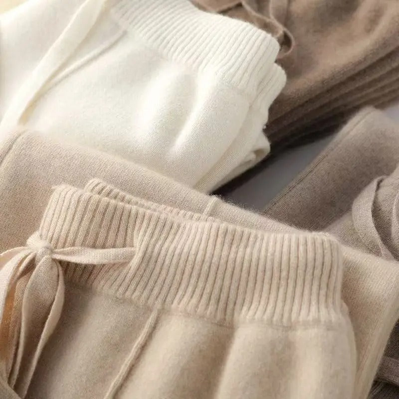 Women's Wool Cashmere Blend Wide-Leg Trousers With Elastic Waist