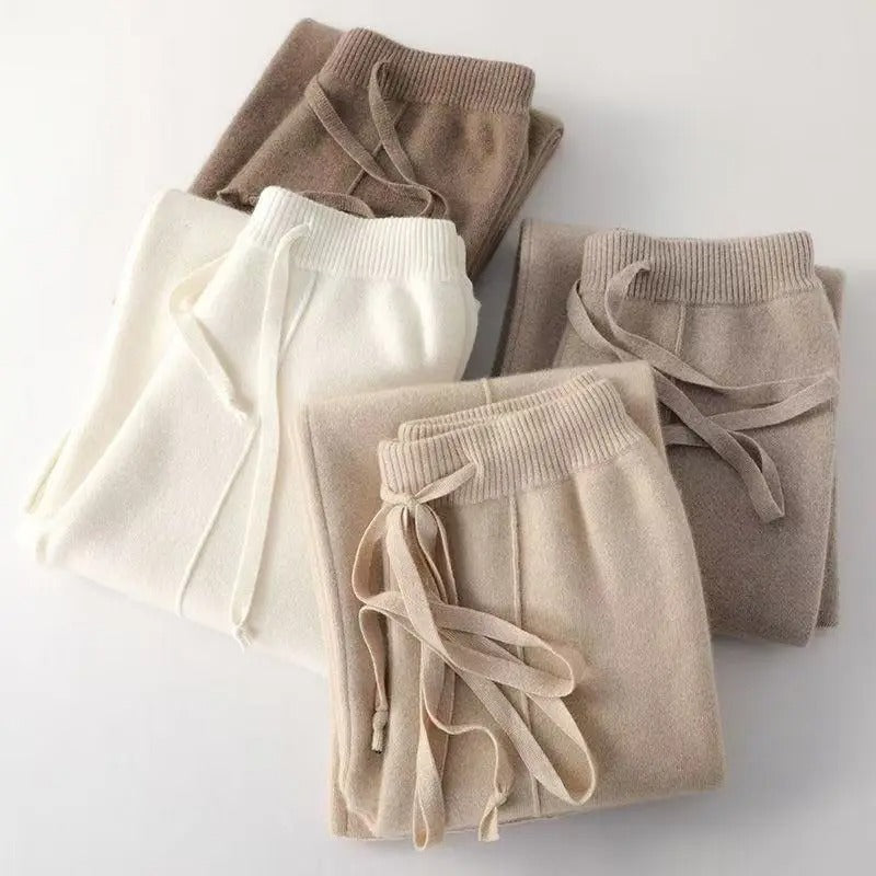 Women's Wool Cashmere Blend Wide-Leg Trousers With Elastic Waist