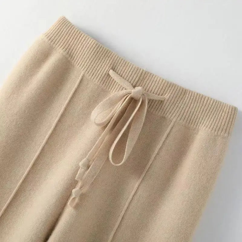 Women's Wool Cashmere Blend Wide-Leg Trousers With Elastic Waist