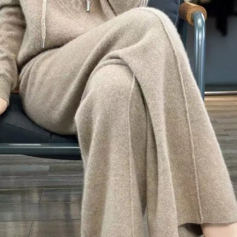 Women's Wool Cashmere Blend Wide-Leg Trousers With Elastic Waist