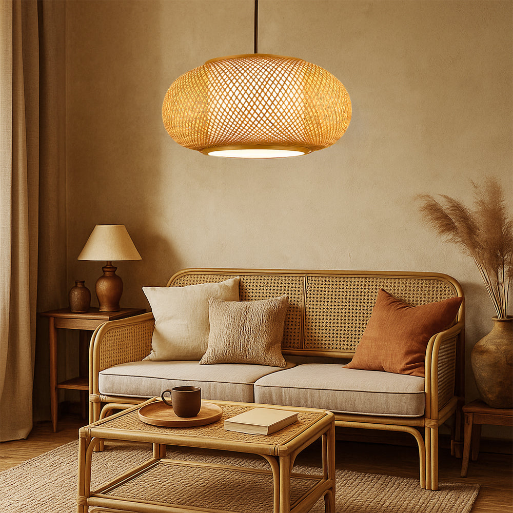 Aurorae Bamboo Pendant Light With Open Weave Shade