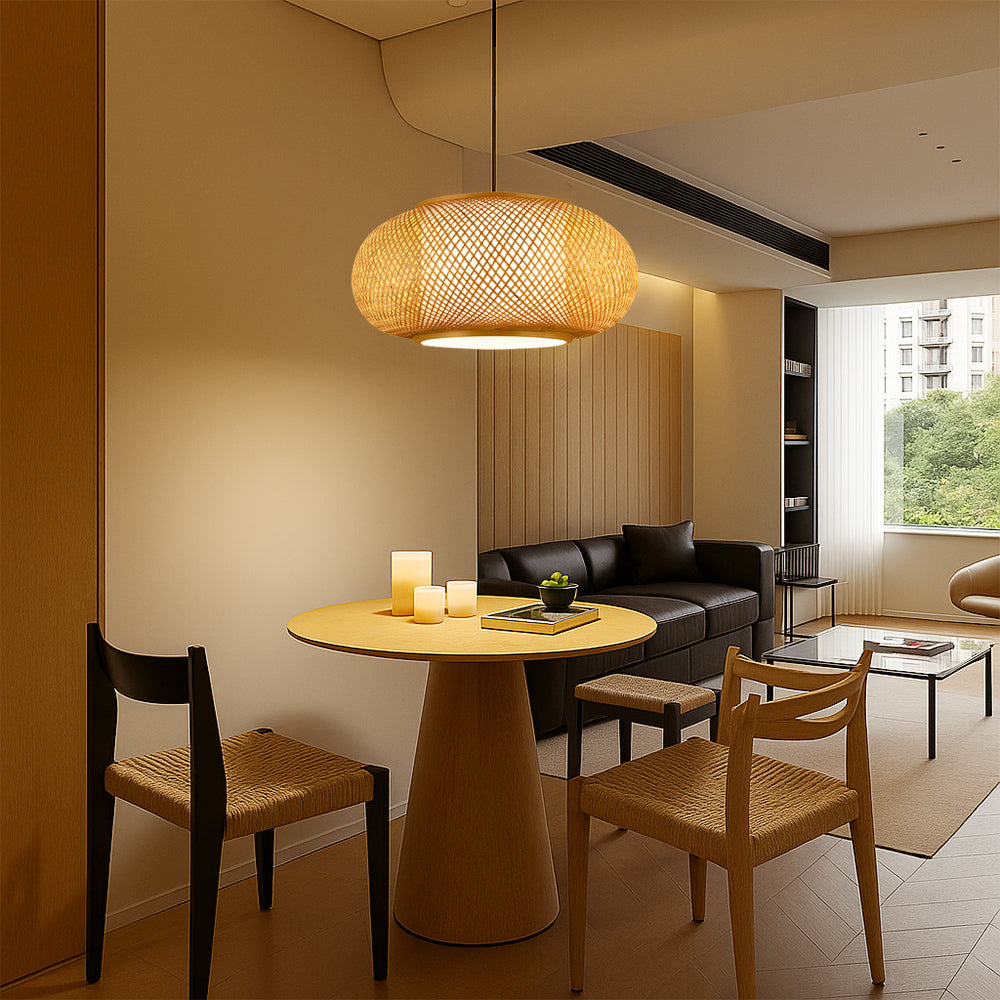 Aurorae Bamboo Pendant Light With Open Weave Shade