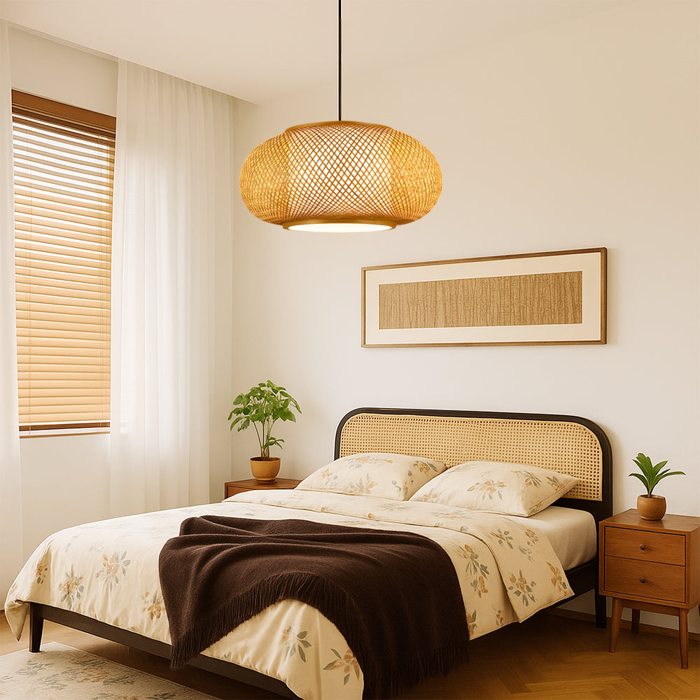 Aurorae Bamboo Pendant Light With Open Weave Shade