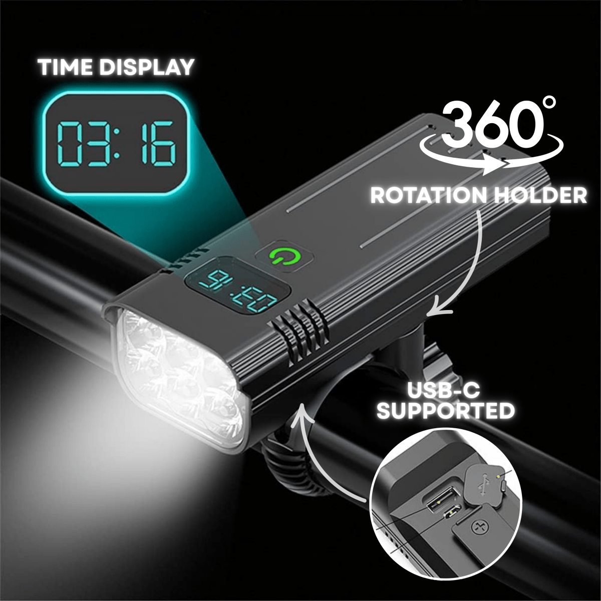 ROADGLOW X Polkupyörän valo 12 LEDiä 5000 lumenia USB-C ladattava akku