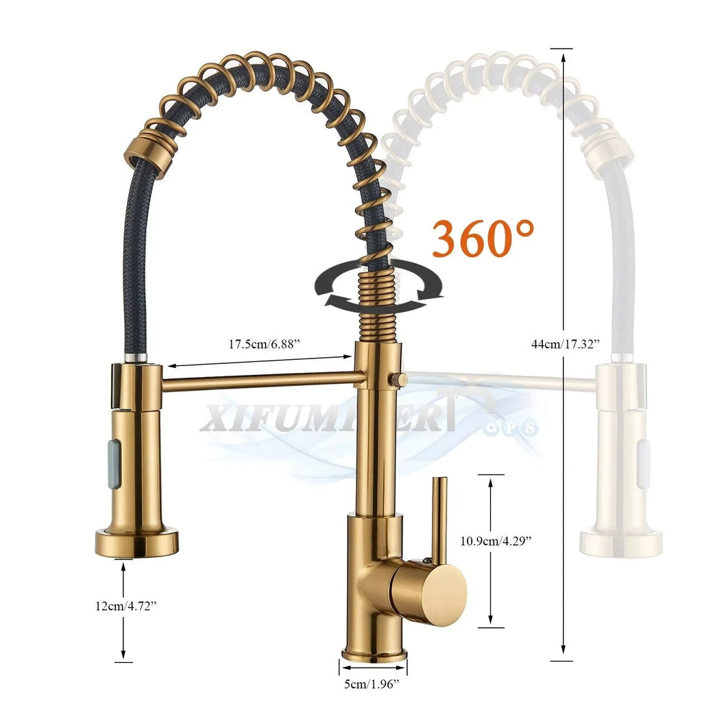 Grifo de cocina de latón cepillado con ducha de mano extraíble y caño giratorio de 360 grados