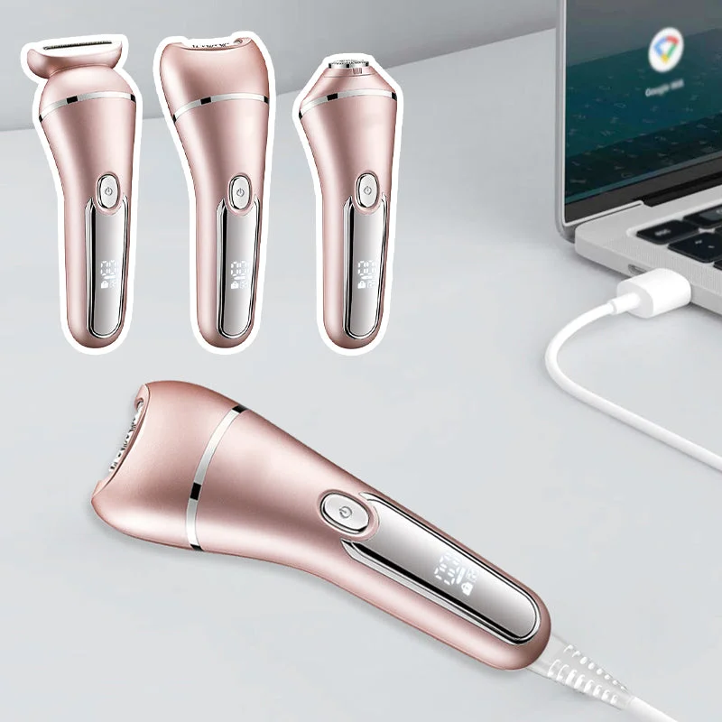 3-in-1 Rechargeable Waterproof Shaver for Face Body and Bikini Line Electric Women’s Shaver with Replaceable Heads