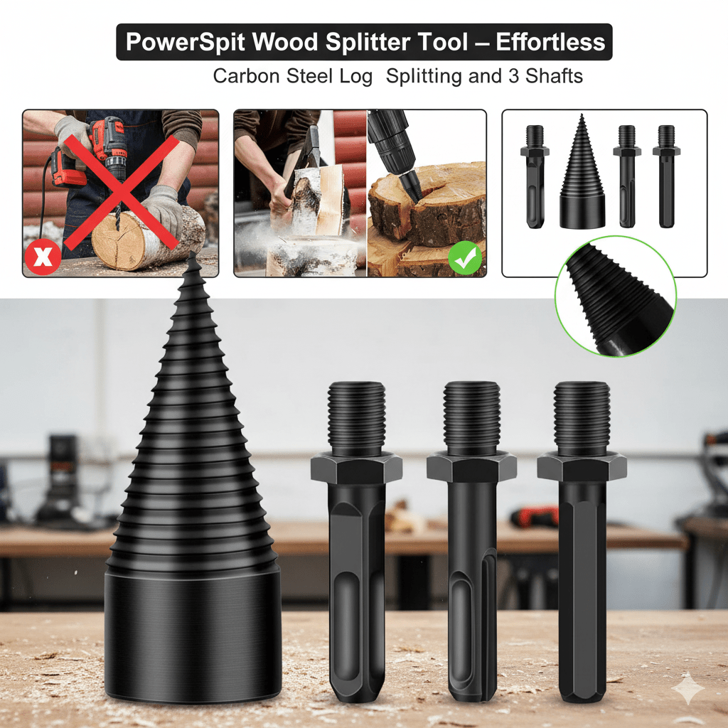 Herramienta para partir madera POWERSPLIT con taladro de acero al carbono y tres ejes