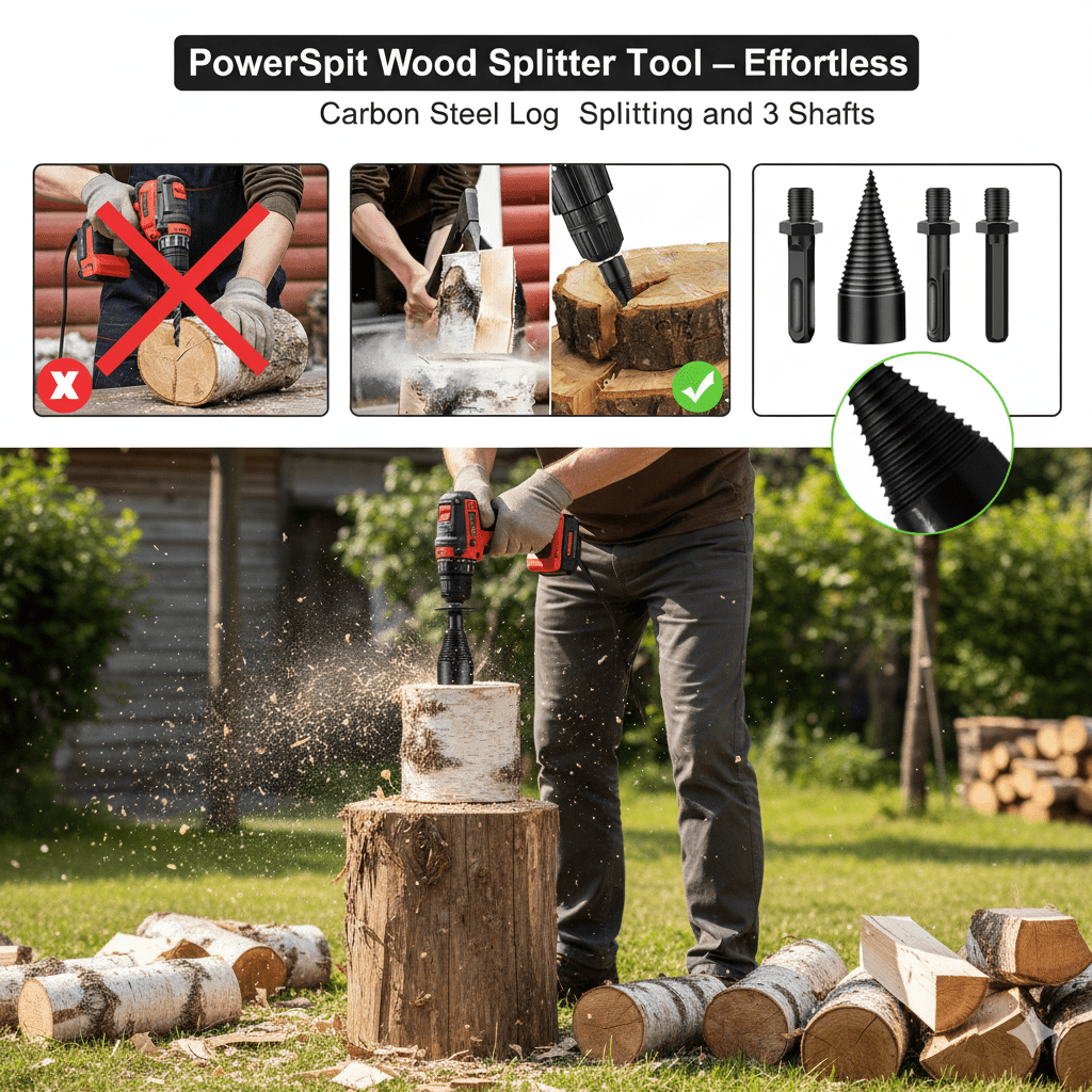 Herramienta para partir madera POWERSPLIT con taladro de acero al carbono y tres ejes