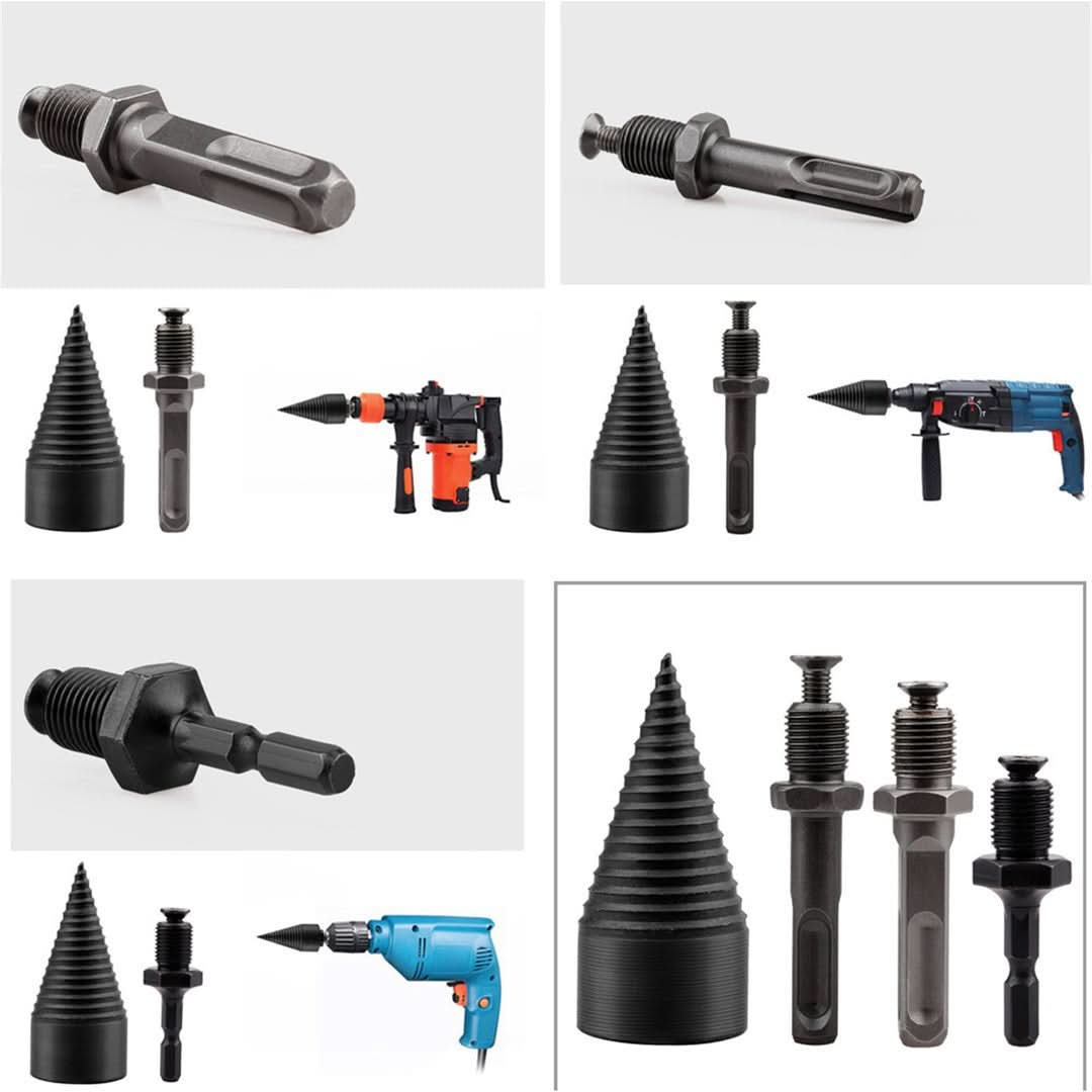Herramienta para partir madera POWERSPLIT con taladro de acero al carbono y tres ejes
