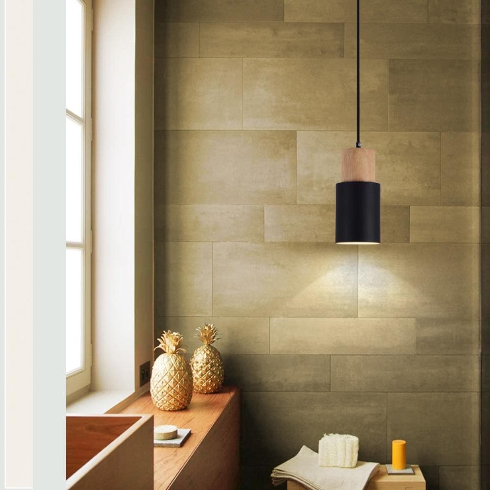 Aurelo Wood & Metal Cylinder Pendant Light Brushed Nickel