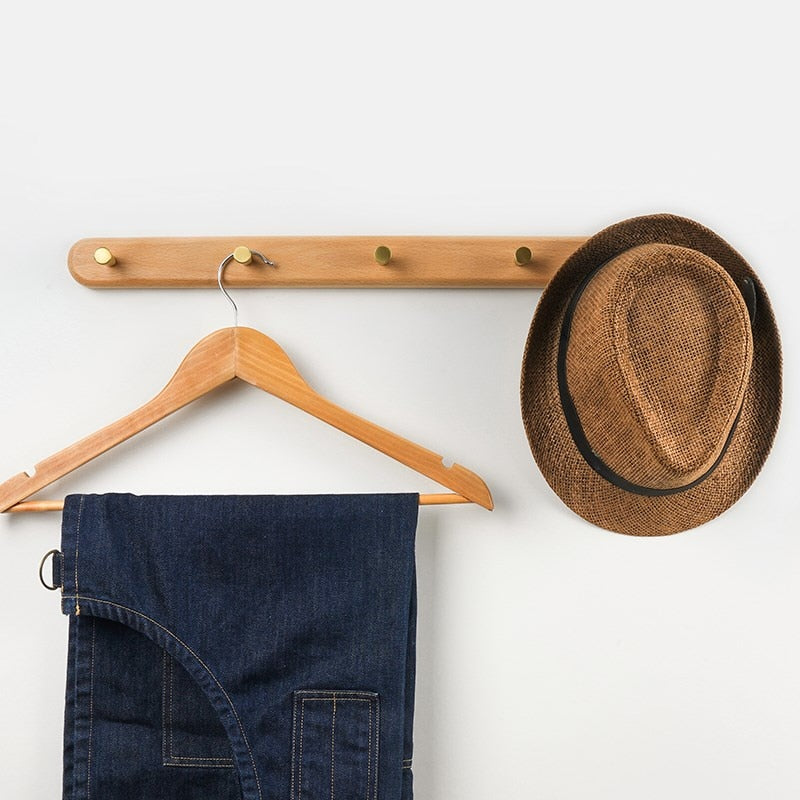 Nordic Wall Hooks Rack Set With Natural Wood And Brass Finish
