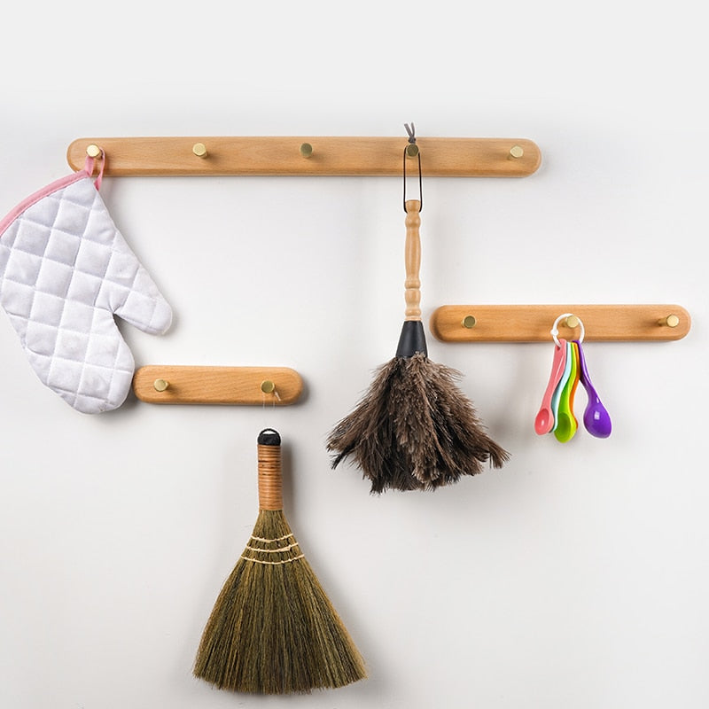 Nordic Wall Hooks Rack Set With Natural Wood And Brass Finish