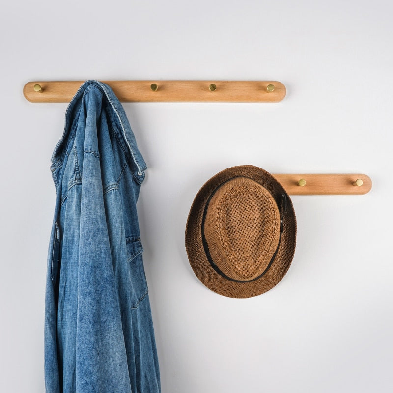 Nordic Wall Hooks Rack Set With Natural Wood And Brass Finish