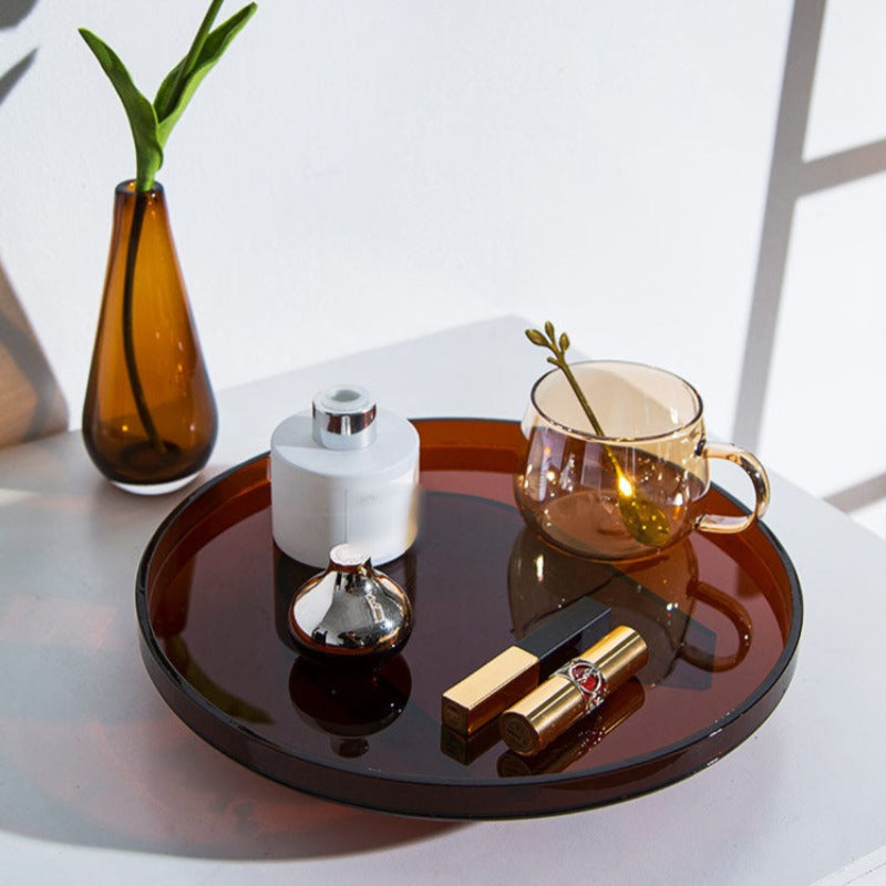 Plateaux en acrylique ambré ronds et rectangulaires pour organiser bijoux et cosmétiques