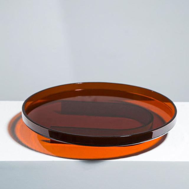 Plateaux en acrylique ambré ronds et rectangulaires pour organiser bijoux et cosmétiques