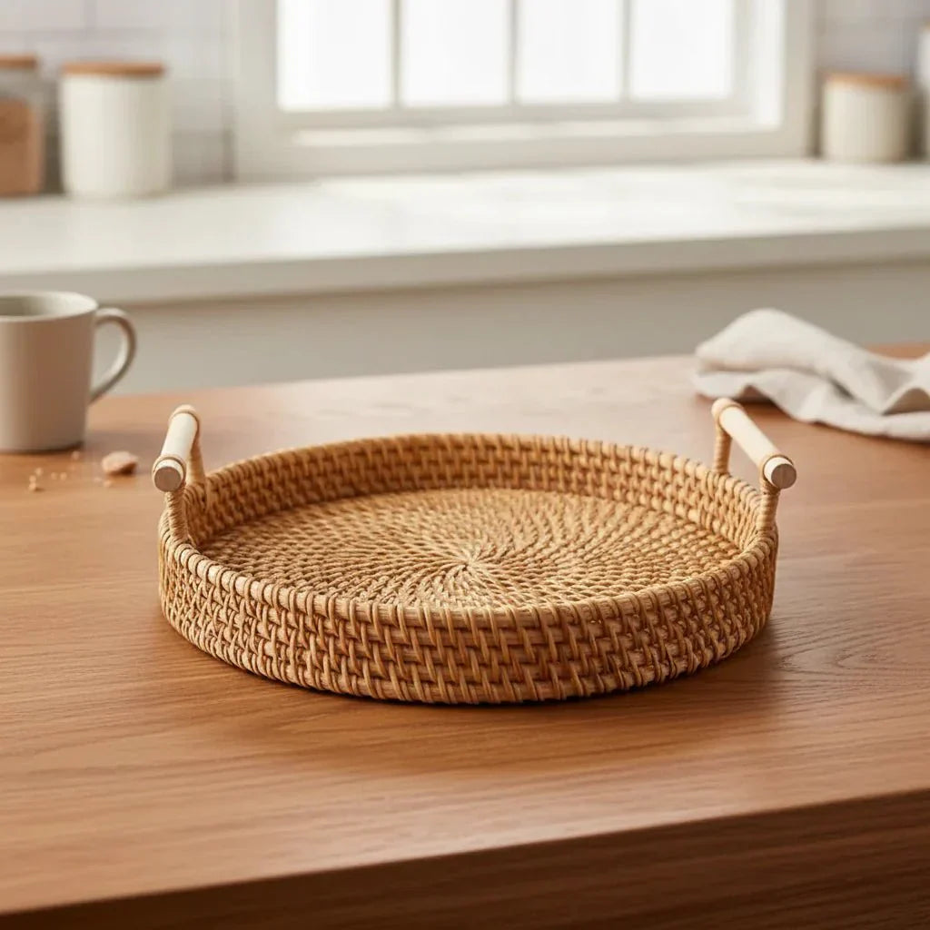 Plateau en rotin avec couvercle et panier de rangement RUSTICPANTRY