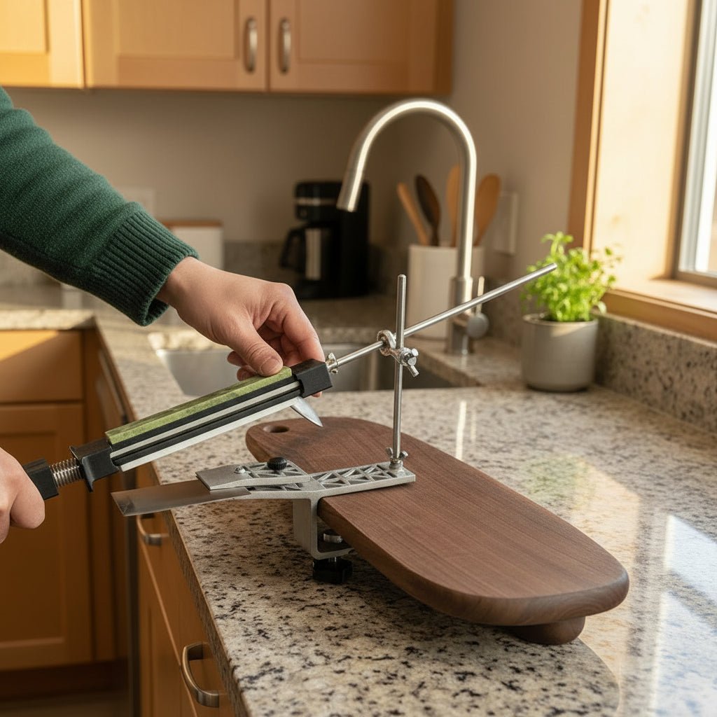 Aiguiseur de couteaux SHARPLINE avec pince rotative réglable pour toutes les lames