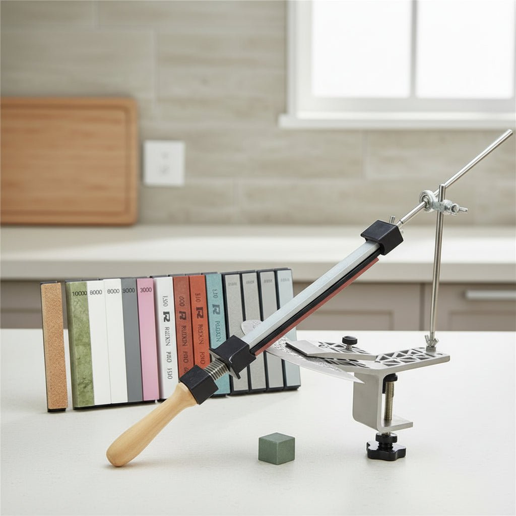 Aiguiseur de couteaux SHARPLINE avec pince rotative réglable pour toutes les lames