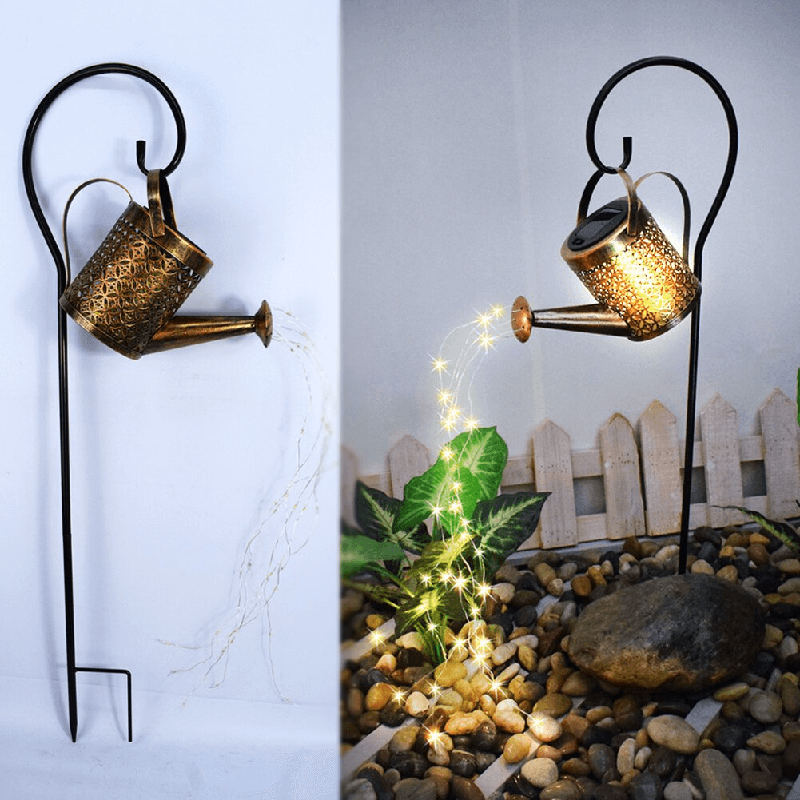 Solar Garden Lamp Shaped Like a Wrought-Iron Watering Can With Warm LEDs