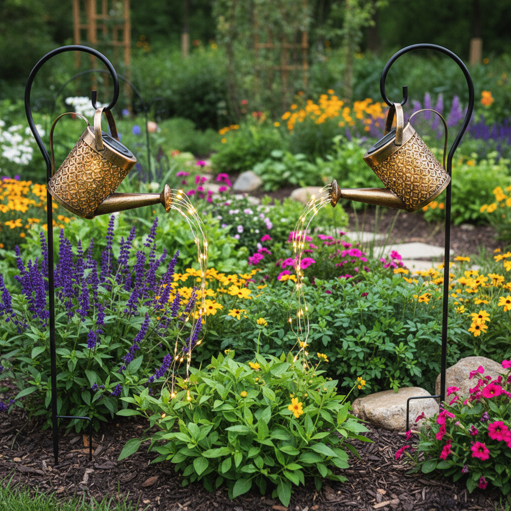 Solar Garden Lamp Shaped Like a Wrought-Iron Watering Can With Warm LEDs