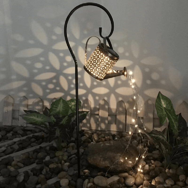 Solar Garden Lamp Shaped Like a Wrought-Iron Watering Can With Warm LEDs