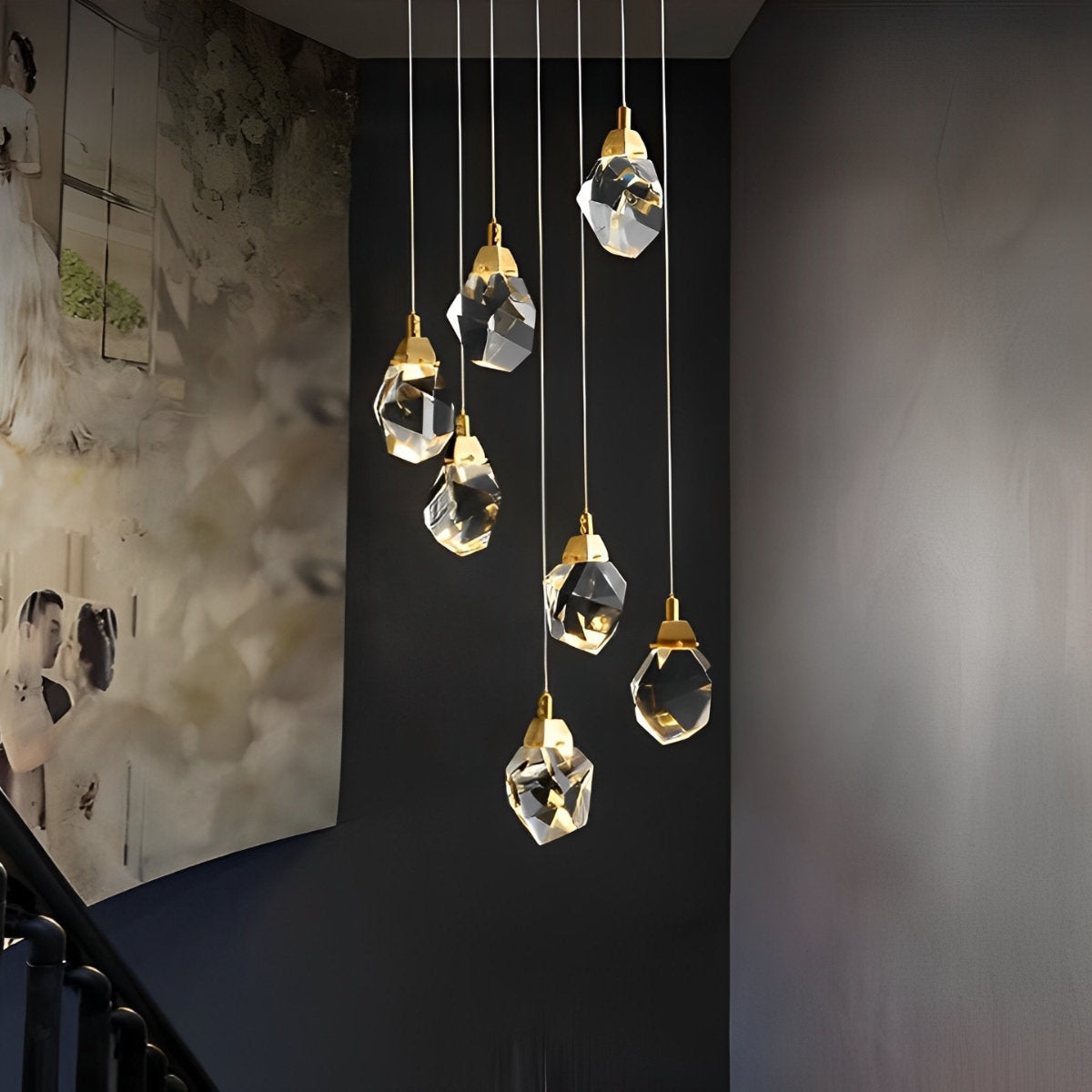 Spiral Crystal Drops Pendant Chandelier For Modern Staircase In Metal