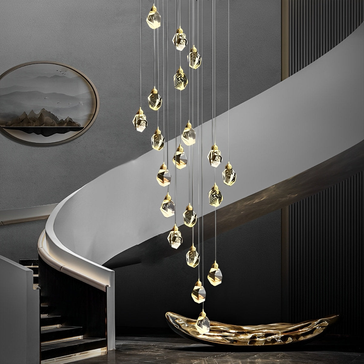 Spiral Crystal Drops Pendant Chandelier For Modern Staircase In Metal