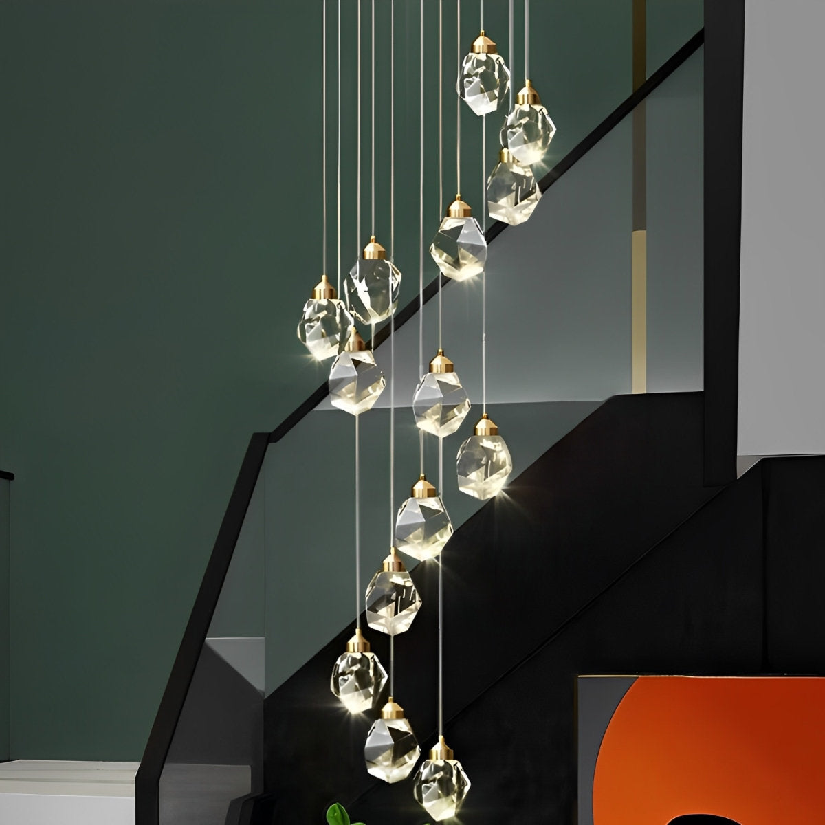 Spiral Crystal Drops Pendant Chandelier For Modern Staircase In Metal