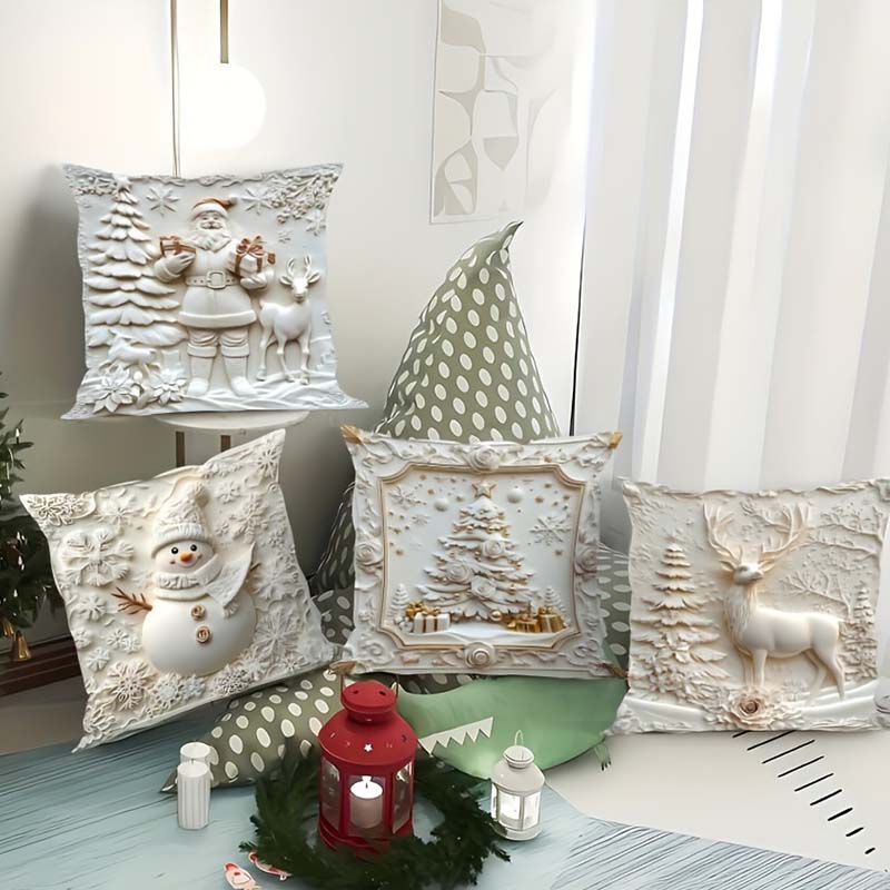 Juego de 4 fundas de almohada navideñas con motivos texturizados, 45x45