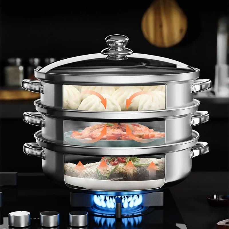 SteamPro dreistufiger Dampfgarer aus Edelstahl mit Glasdeckel
