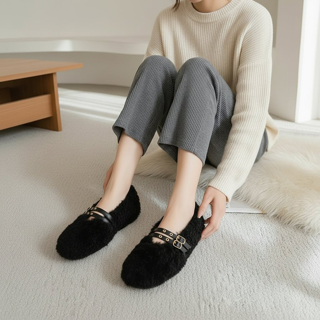 STYLESTEP Wollfell-Loafer für Damen mit doppelten Nieten und weichem Futter