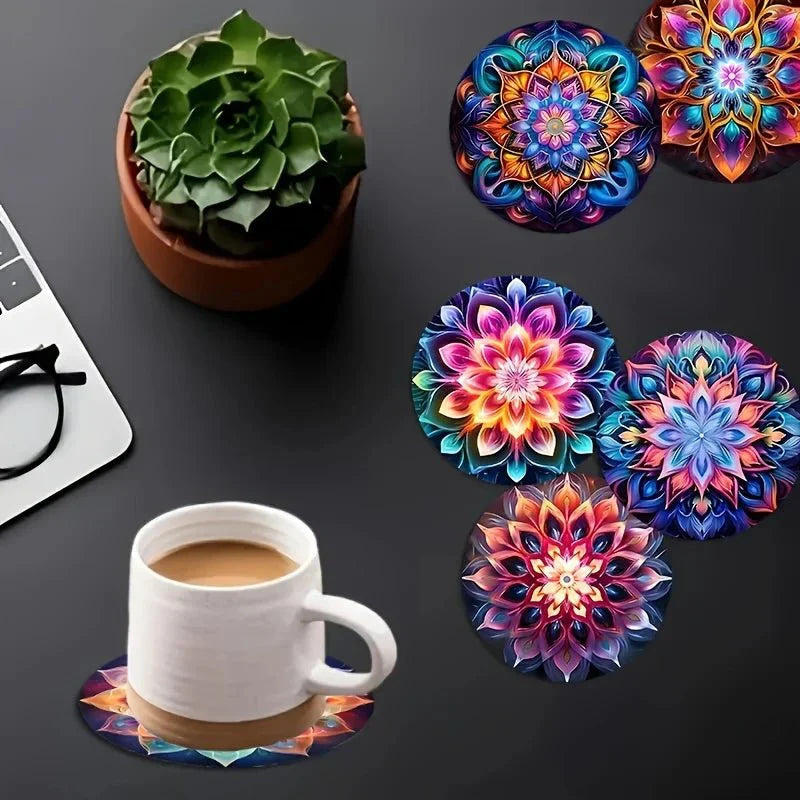 TABLEVA runder Holzuntersetzer mit Mandala-Muster für Schreibtische und Tische