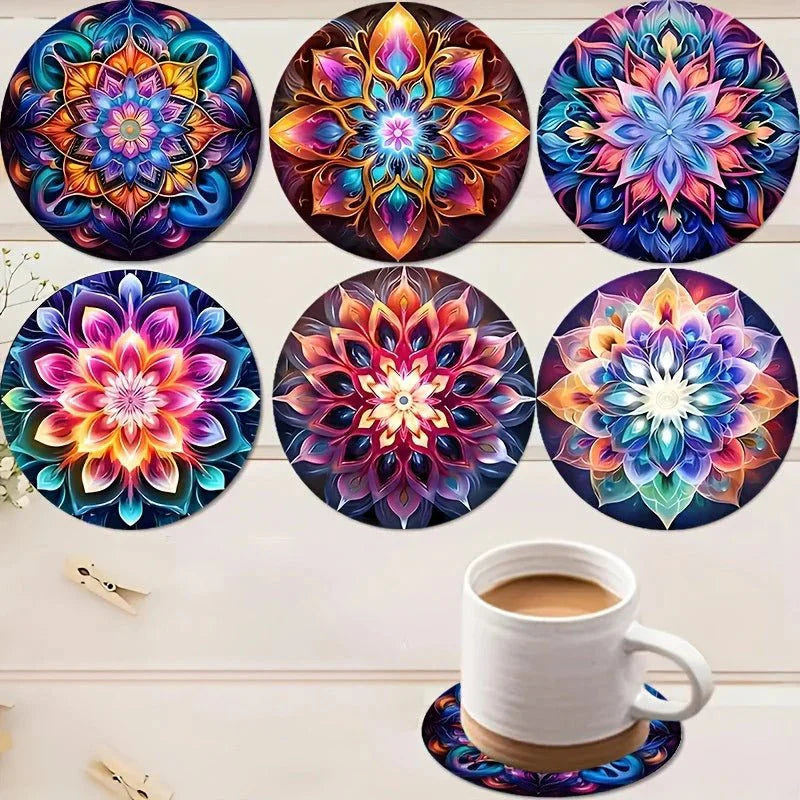 TABLEVA runder Holzuntersetzer mit Mandala-Muster für Schreibtische und Tische