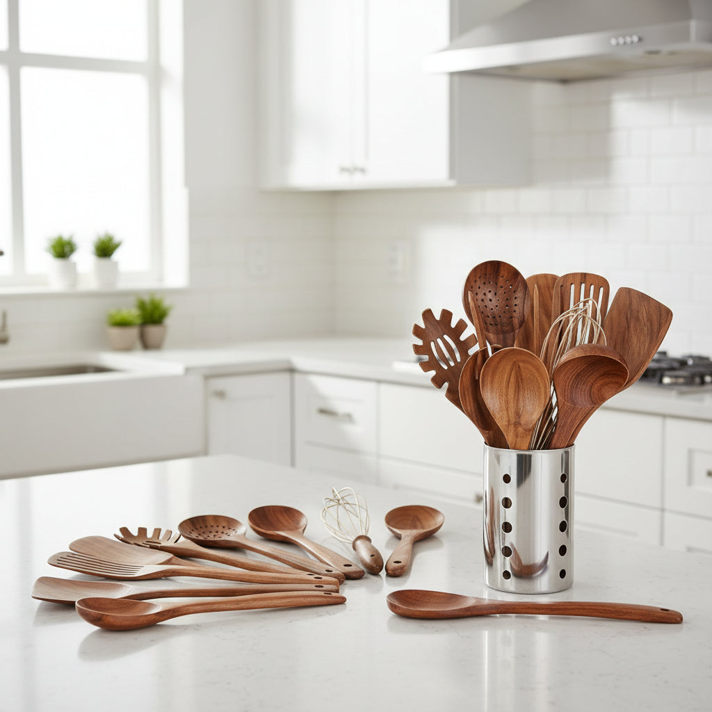 Set TEAKSTYLE da 11 pezzi di utensili in legno di teak naturale per la cucina di tutti i giorni