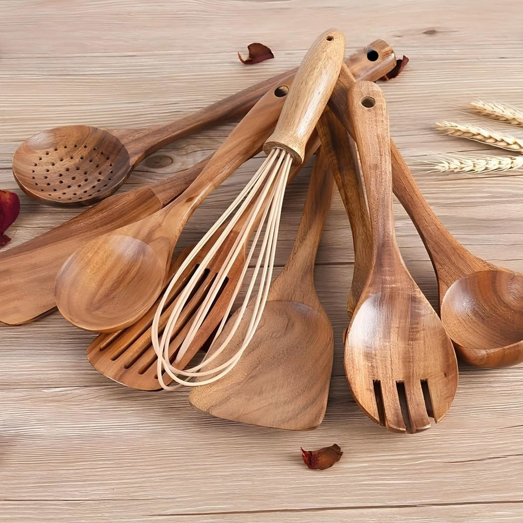Set TEAKSTYLE da 11 pezzi di utensili in legno di teak naturale per la cucina di tutti i giorni