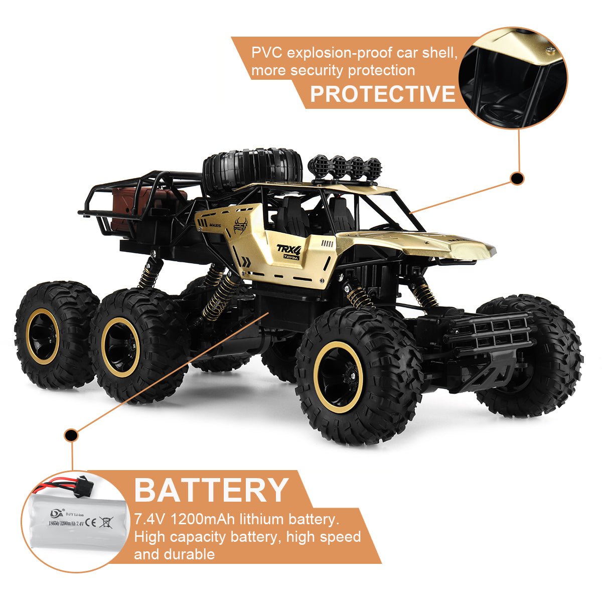 Terramax 6WD Uzaktan Kumandalı Canavar Kamyon LED Işıklarla, Off-Road Kullanımı İçin, Saatte 52 Km Hızında