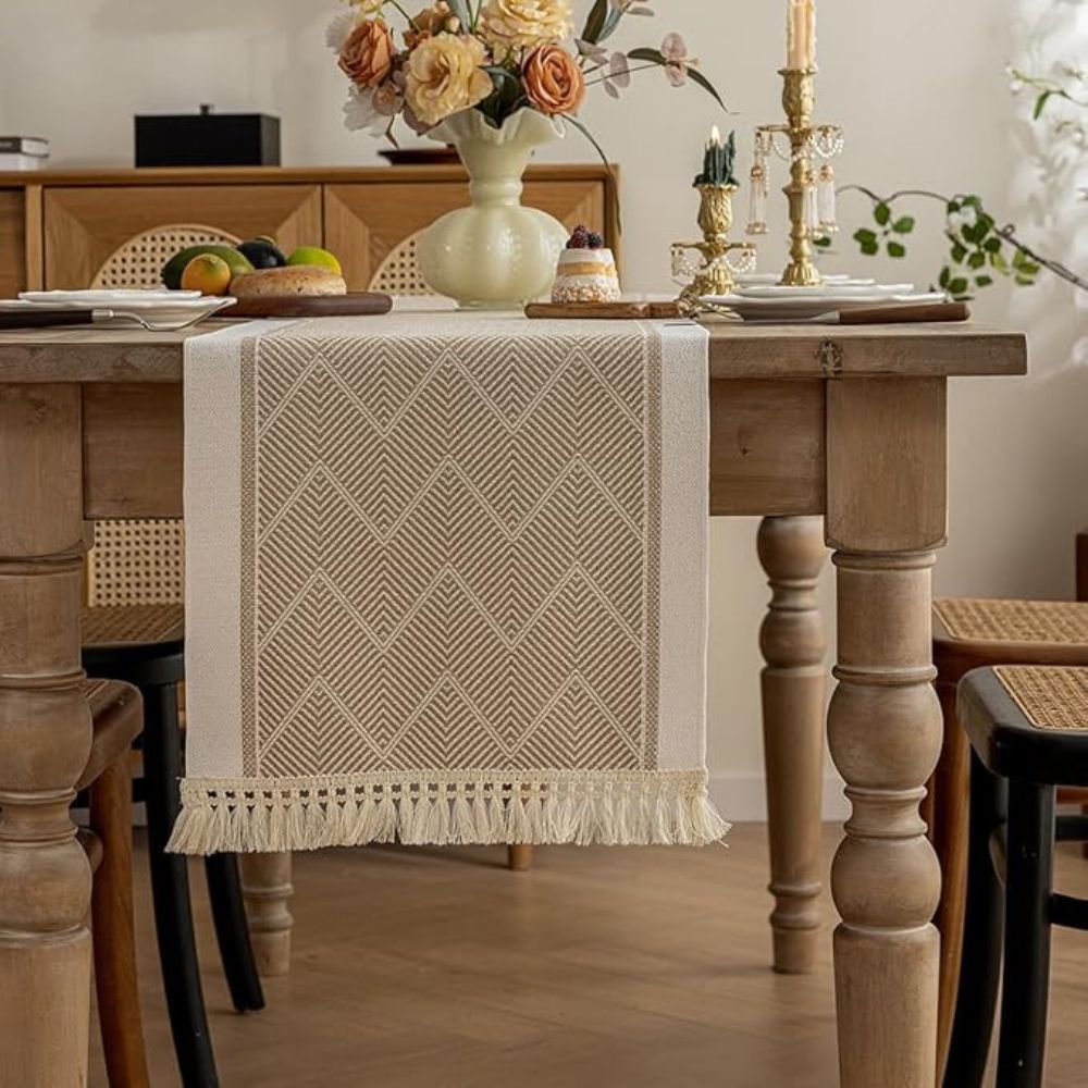 TEXTELLE Table Runner Woven In Warm Sandstone With Zigzag Detailing