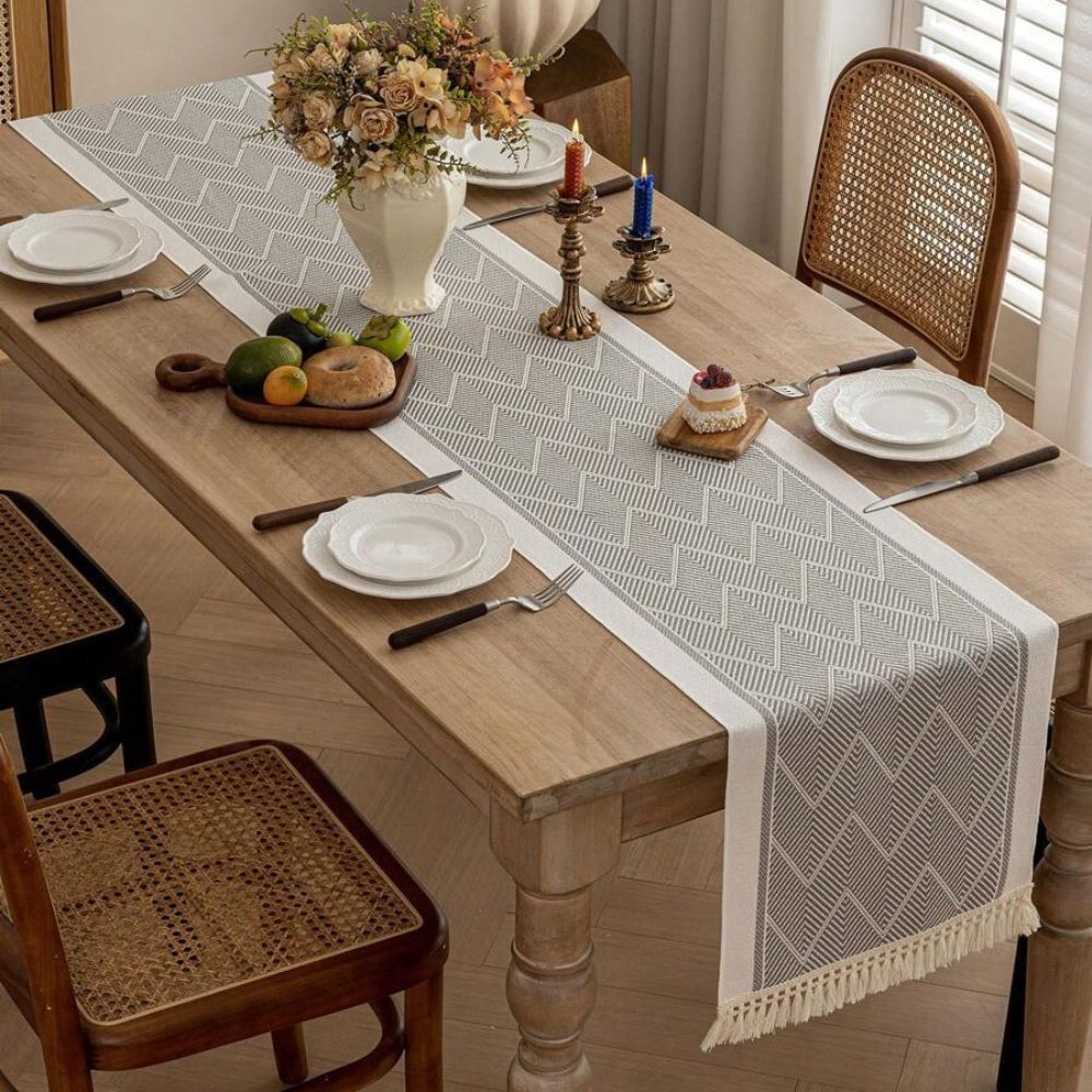 TEXTELLE Table Runner Woven In Warm Sandstone With Zigzag Detailing