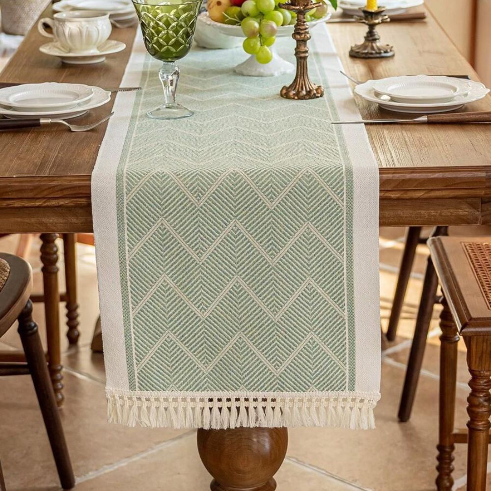 TEXTELLE Table Runner Woven In Warm Sandstone With Zigzag Detailing