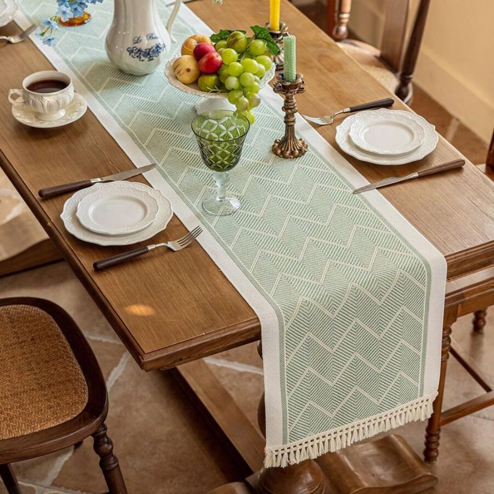 TEXTELLE Table Runner Woven In Warm Sandstone With Zigzag Detailing