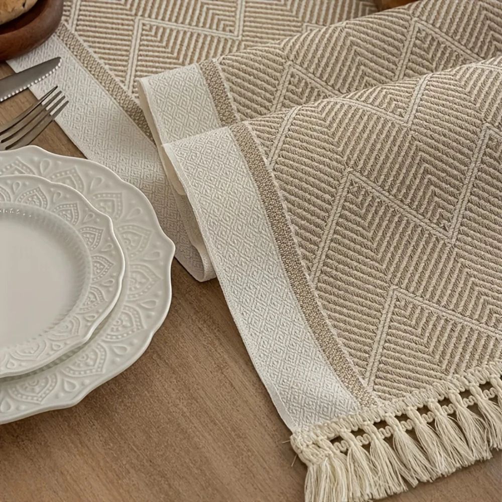 TEXTELLE Table Runner Woven In Warm Sandstone With Zigzag Detailing