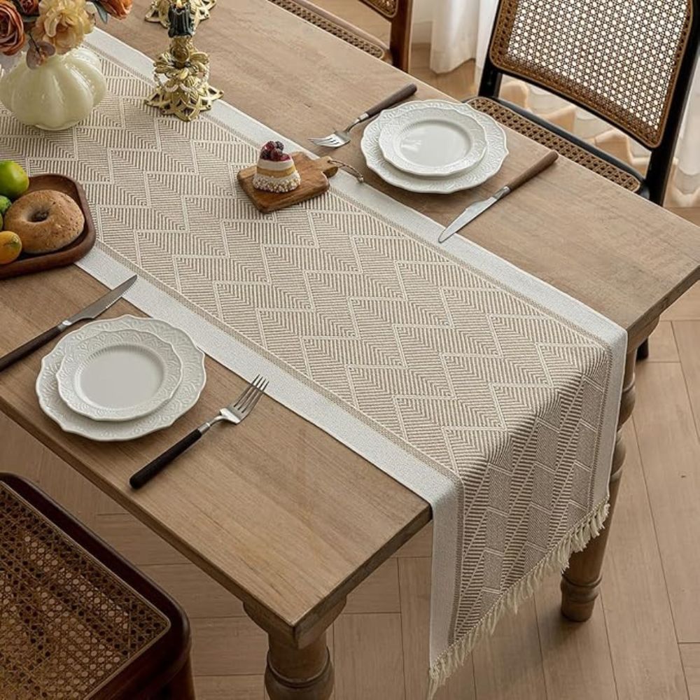 TEXTELLE Table Runner Woven In Warm Sandstone With Zigzag Detailing