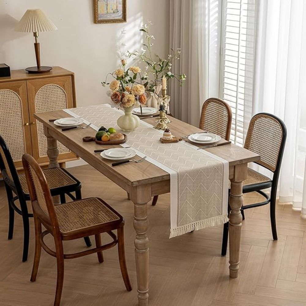 TEXTELLE Table Runner Woven In Warm Sandstone With Zigzag Detailing