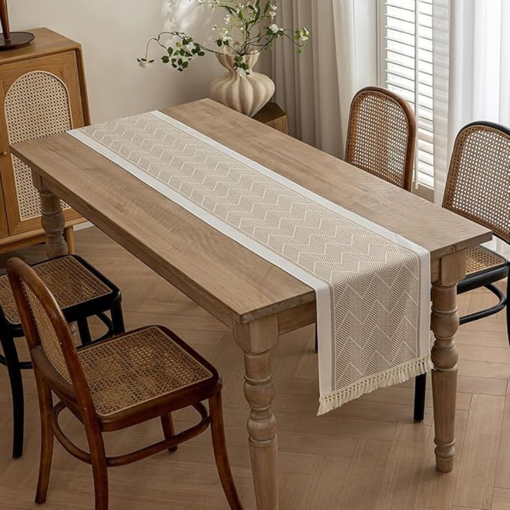 TEXTELLE Table Runner Woven In Warm Sandstone With Zigzag Detailing