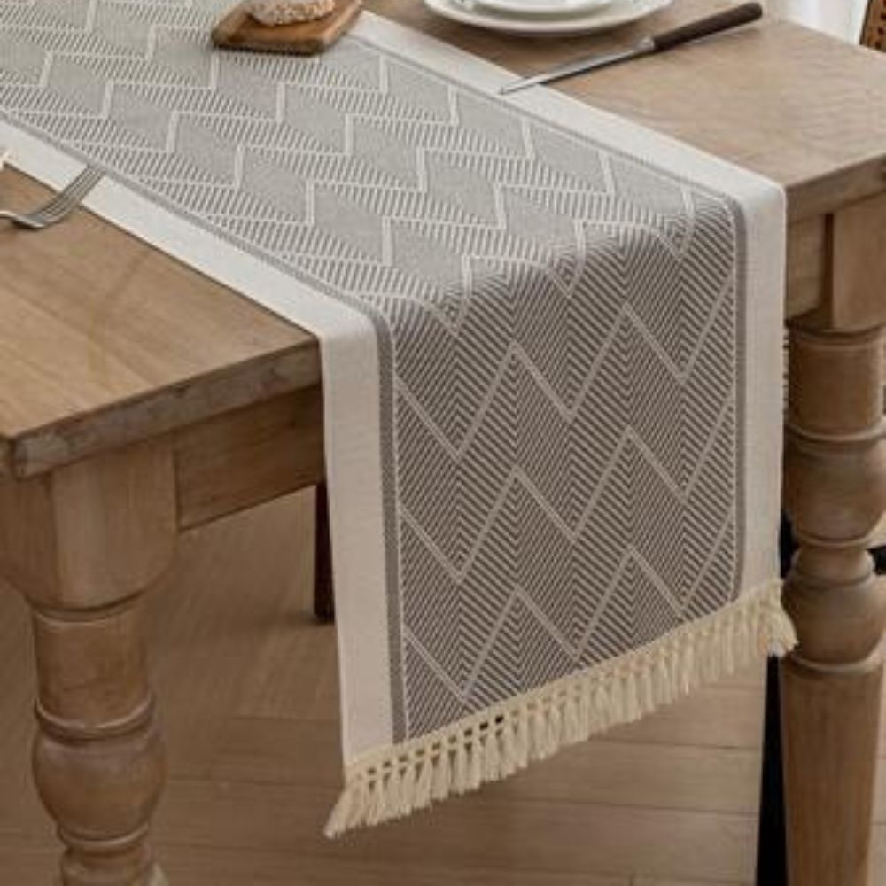 TEXTELLE Table Runner Woven In Warm Sandstone With Zigzag Detailing