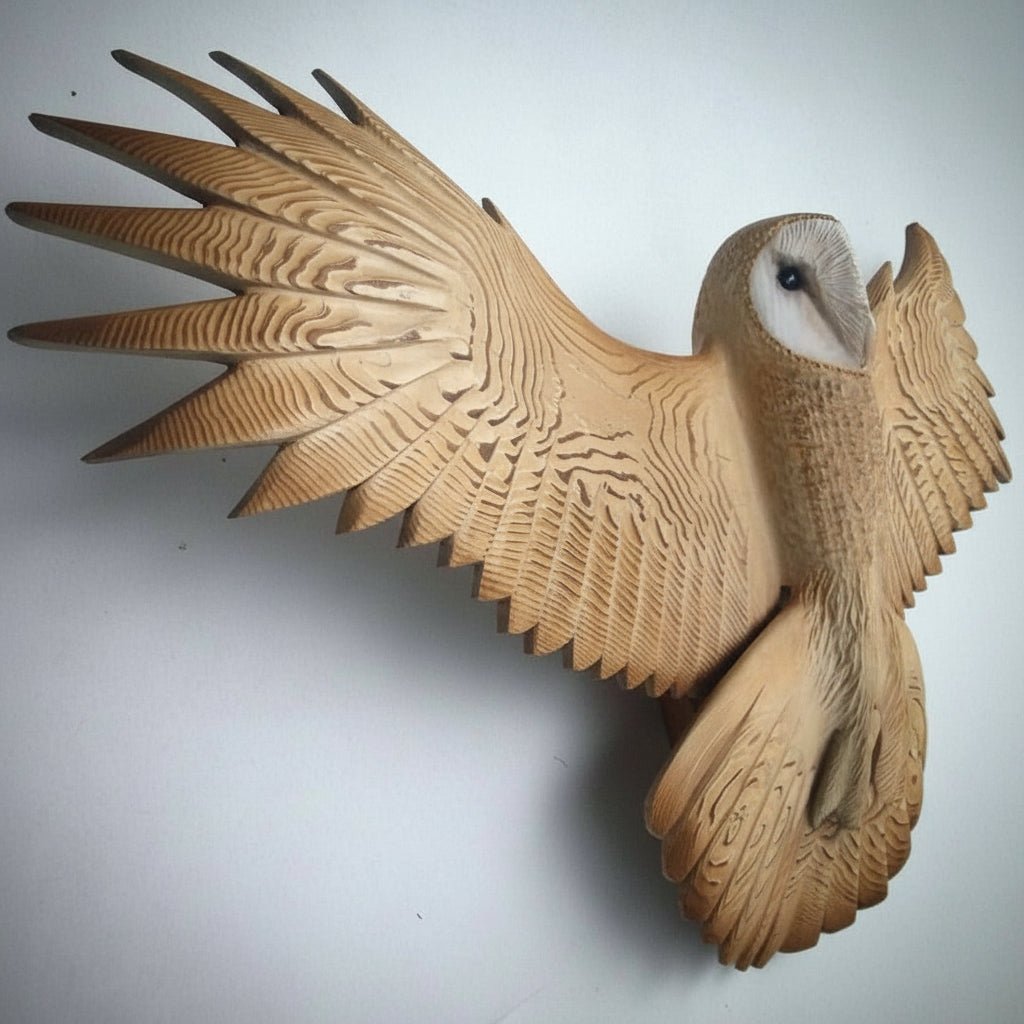 Lucrare artistică cu bufniță de hambar sculptată manual din lemn masiv TimberSpirit