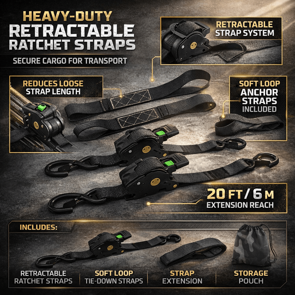 TRUCKBIND Retractable Ratchet Straps For Secure Cargo Transport