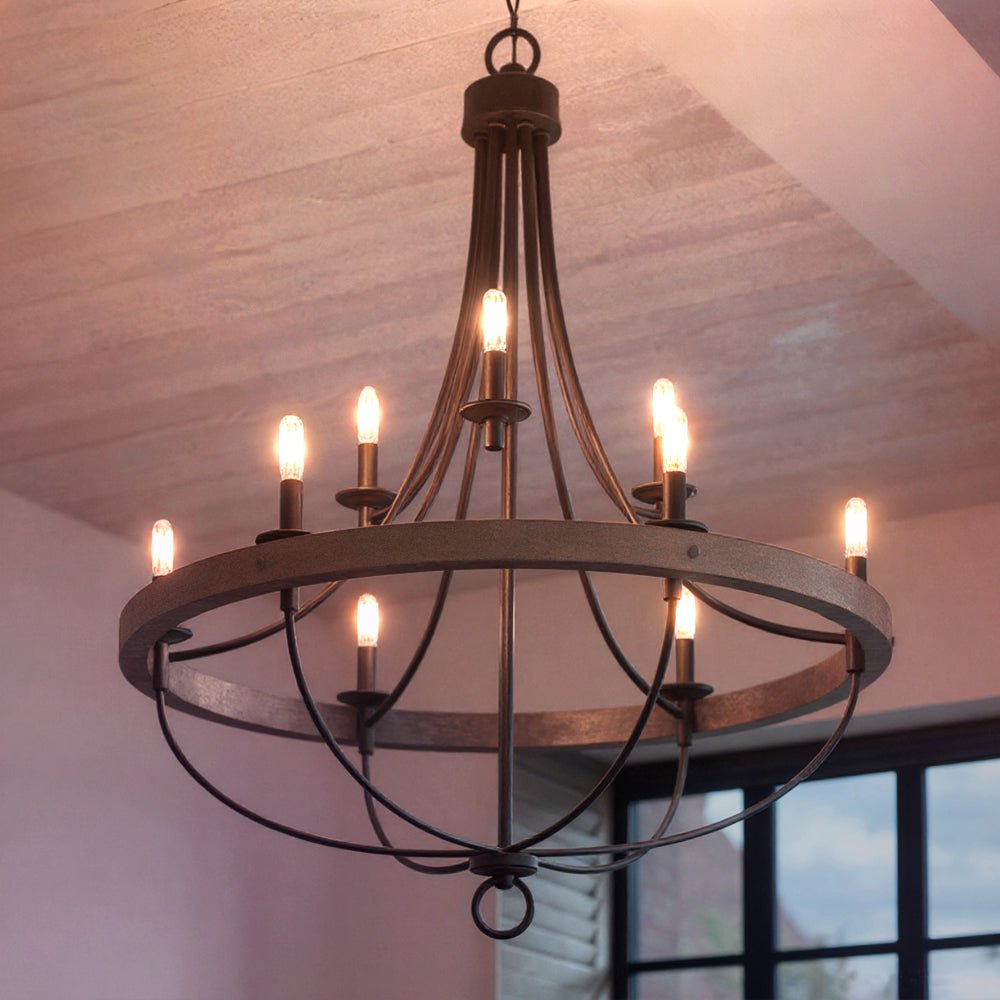 Průmyslový kulatý lustr s dřevěným vzhledem a povrchem z uhlíkové oceli, 9 světel, 90 cm
