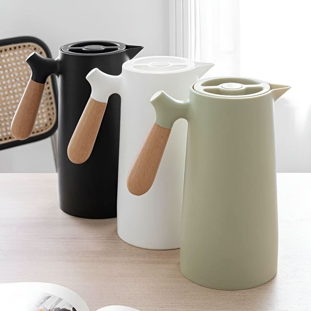 VetroLux Double Insulated Glass Carafe Wooden Handle For Hot Or Cold Drinks